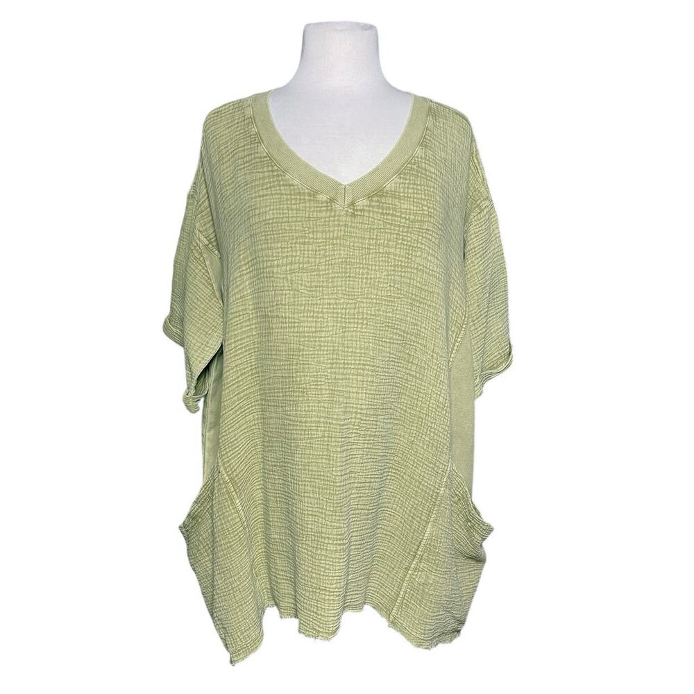 NWT EASEL Boho Moss Green Gauze Oversized Pocket Short sleeve Top